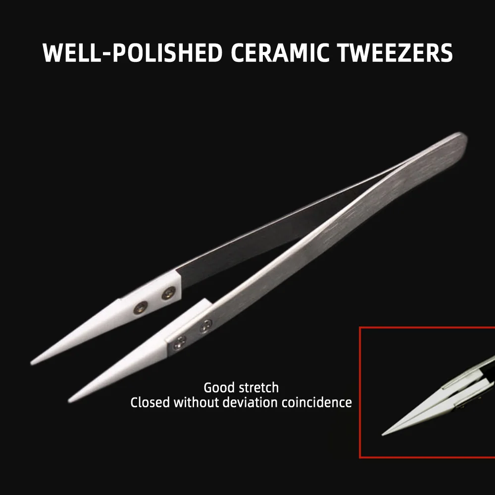 Anti-Static Ceramic Tweezers Stainless Steel Industrial Ceramic Tweezers Insulated Straight Tip Black-Whit Tweezers