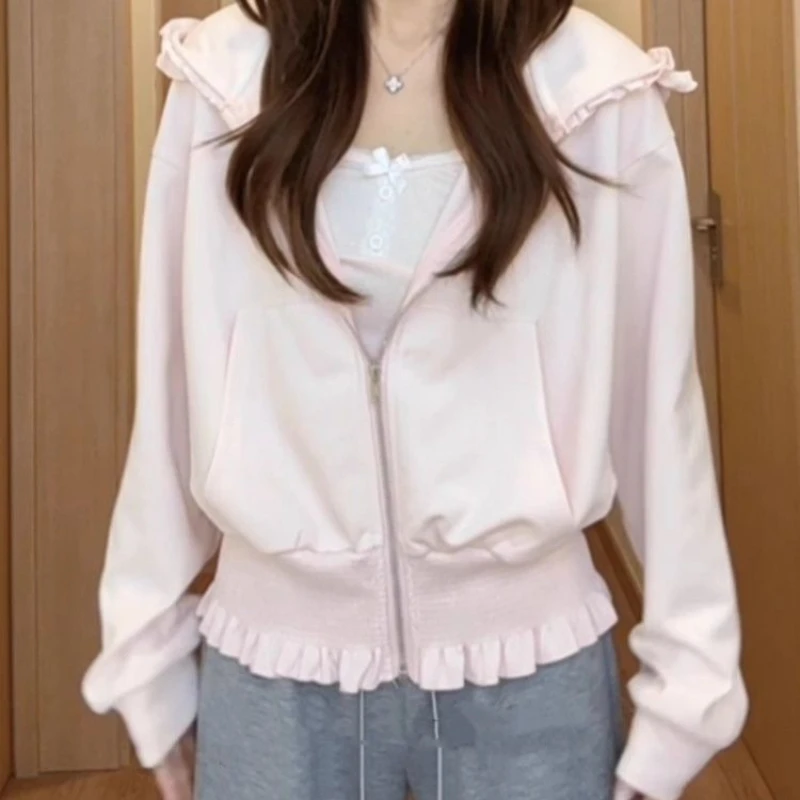 Pink Hooded Sweatshirt Spring/autumn Loose Slimming Design Kangaroo Pocket Versatile Cardigan Top Outwear