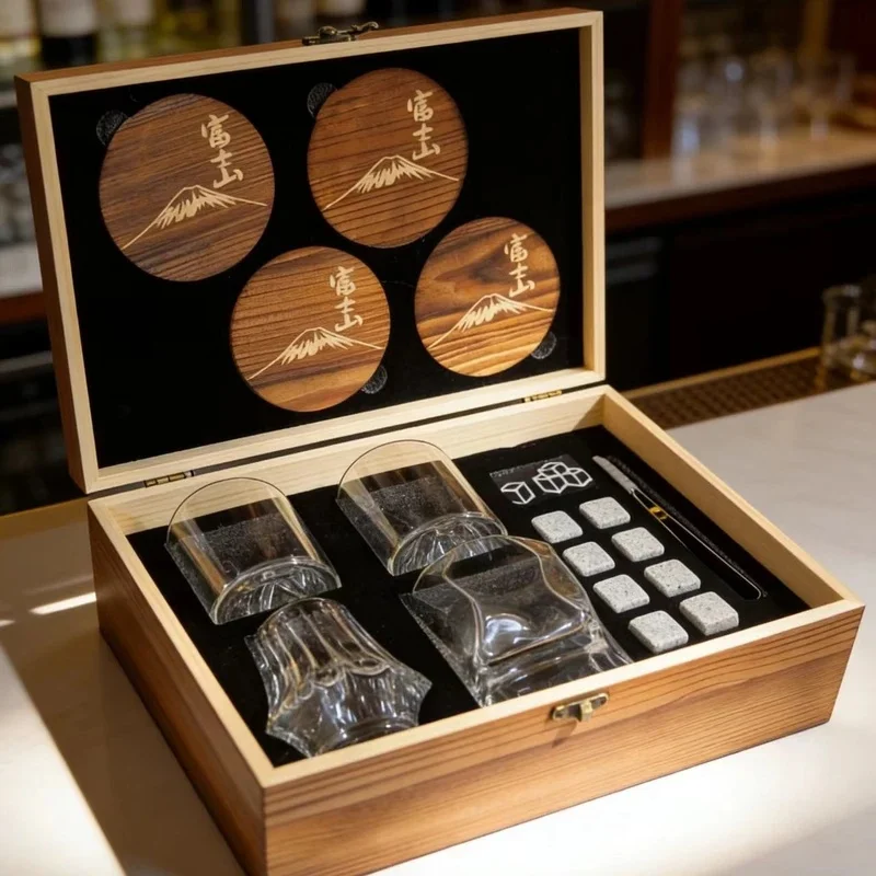 Best Christmas Gift Whiskey Glasses Set Premium 4 Different Cups 4 Wooden Coasters 8 Whisky Stones Storage Bag And Clip Suit