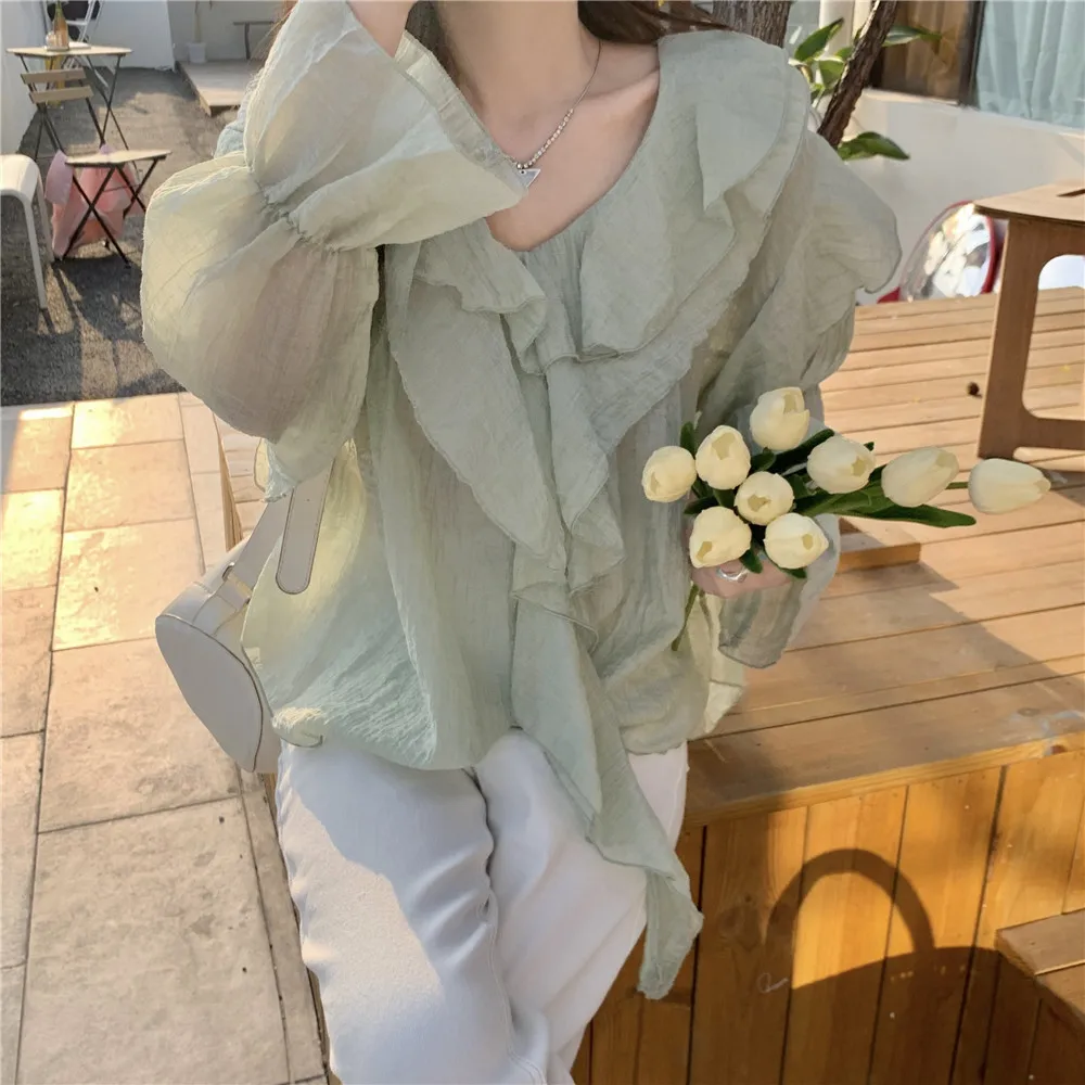 Puff Sleeve Blouse Women Ruffles Chic Solid All-match Korean Fashion Simple Sweet V-neck Streetwear Harajuku Spring Popular Ins