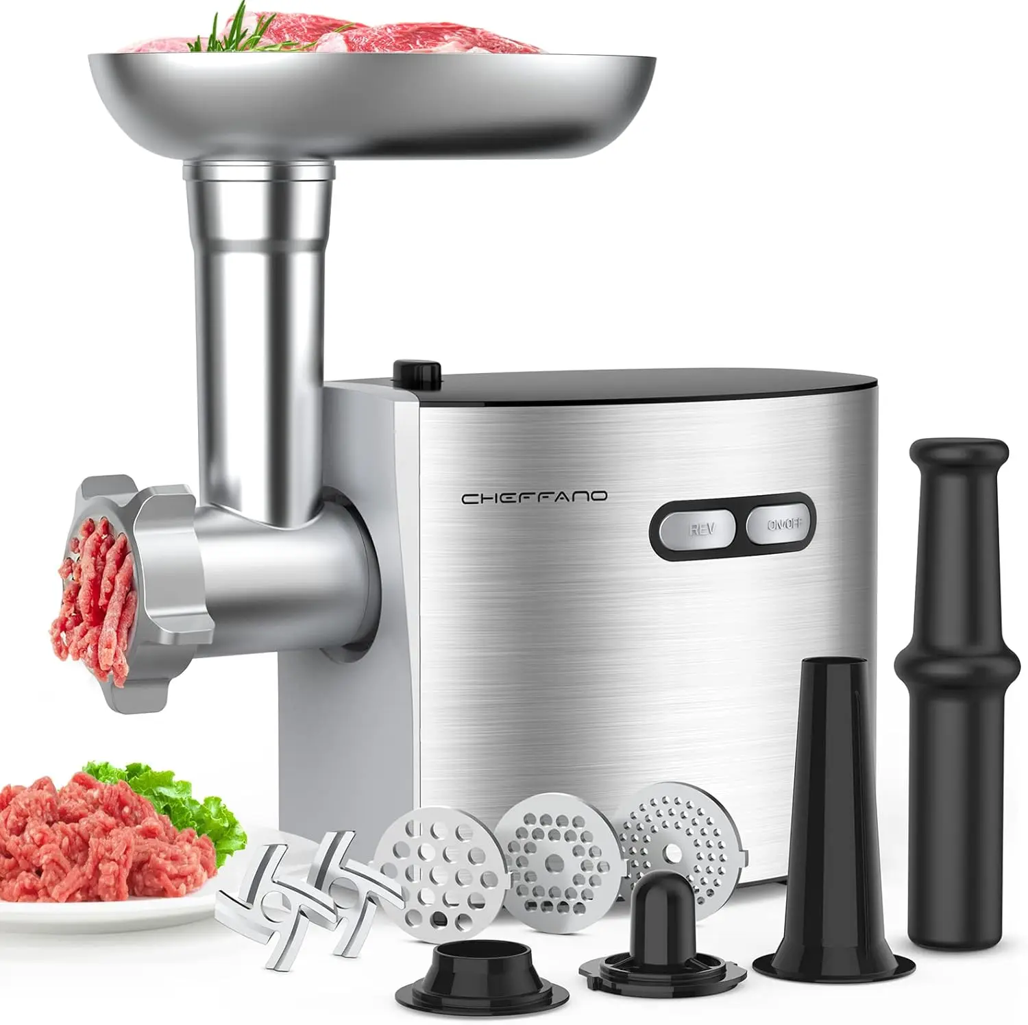 

2600W Stainless Steel Electric Meat Grinder, Heavy Duty with 2 Blades, 3 Plates & Sausage Kit for Home Kitchen