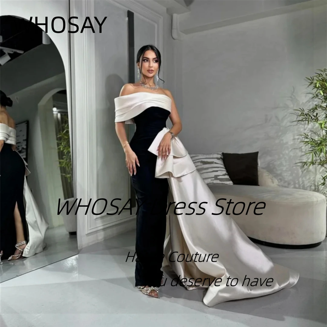 WHOSAY Black Sheath Evening Dresses Customized Contrast Color One Shoulder Long Flutters Train Prom Party Women Wear