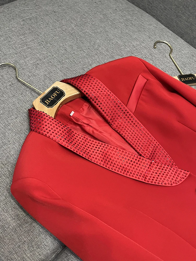Faionable American Sle ort Bal Long Sve Diamond Embellied Women's Suit Commute Sle Slim Fit V-Ne Pure Color