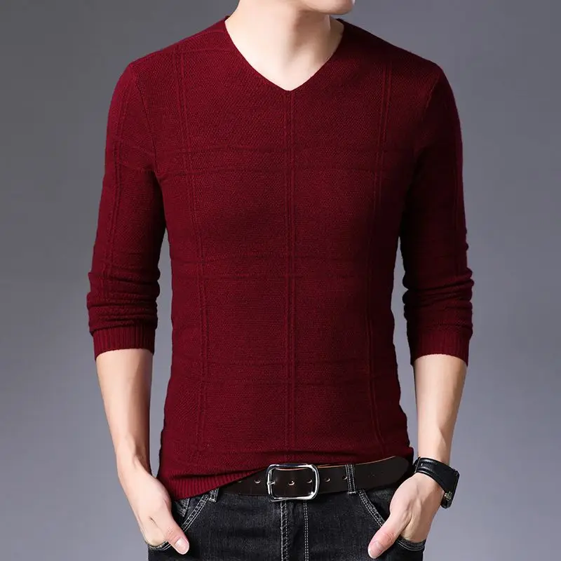 Autumn Winter New Men V-neck Pullover Sweaters Plaid Casual Korean Clothing Tees Fashion Slim Long Sleeve Bottoming Knitted Tops