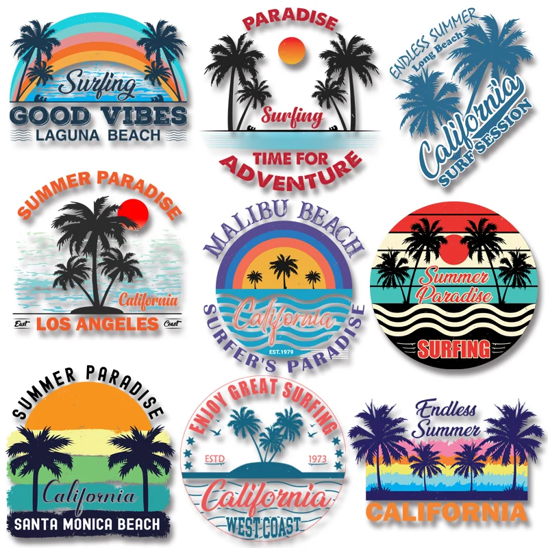 Summer Coconut Tree Beach Sunset Landscape Alphabet Patches for Clothing DIY T-shirt Iron On Transfer Stickers on Fabric