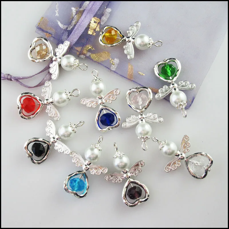 10Pcs Mixed Heart Crystal Angel with Ball Glass Beads Charms Pendants 22x33mm