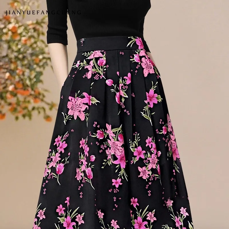 Womens All Over Floral Printed Skirt High Waist A-line Pleated Mid-length Skirts Vintage Elegant Casual Evening Skirts