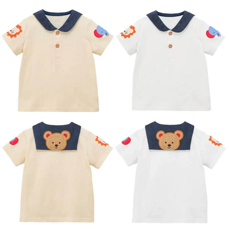 

Baby Boy Girl Polo T Shirt Short Sleeve Cute Bear Cartoon Embroidery Letter Kids Casual Button Down Blouse Summer Top