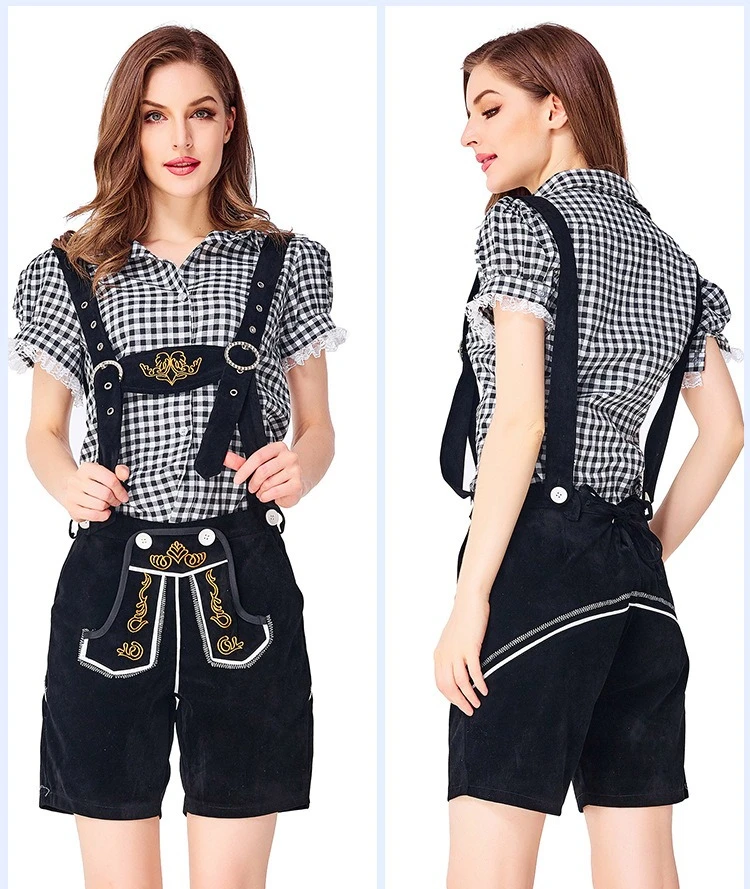 

Костюм Октоберфеста, женская клетчатая рубашка с коротким рукавом, Lederhosen, черный, коричневый, баварский фестиваль пива, нарядное праздничное платье для косплея