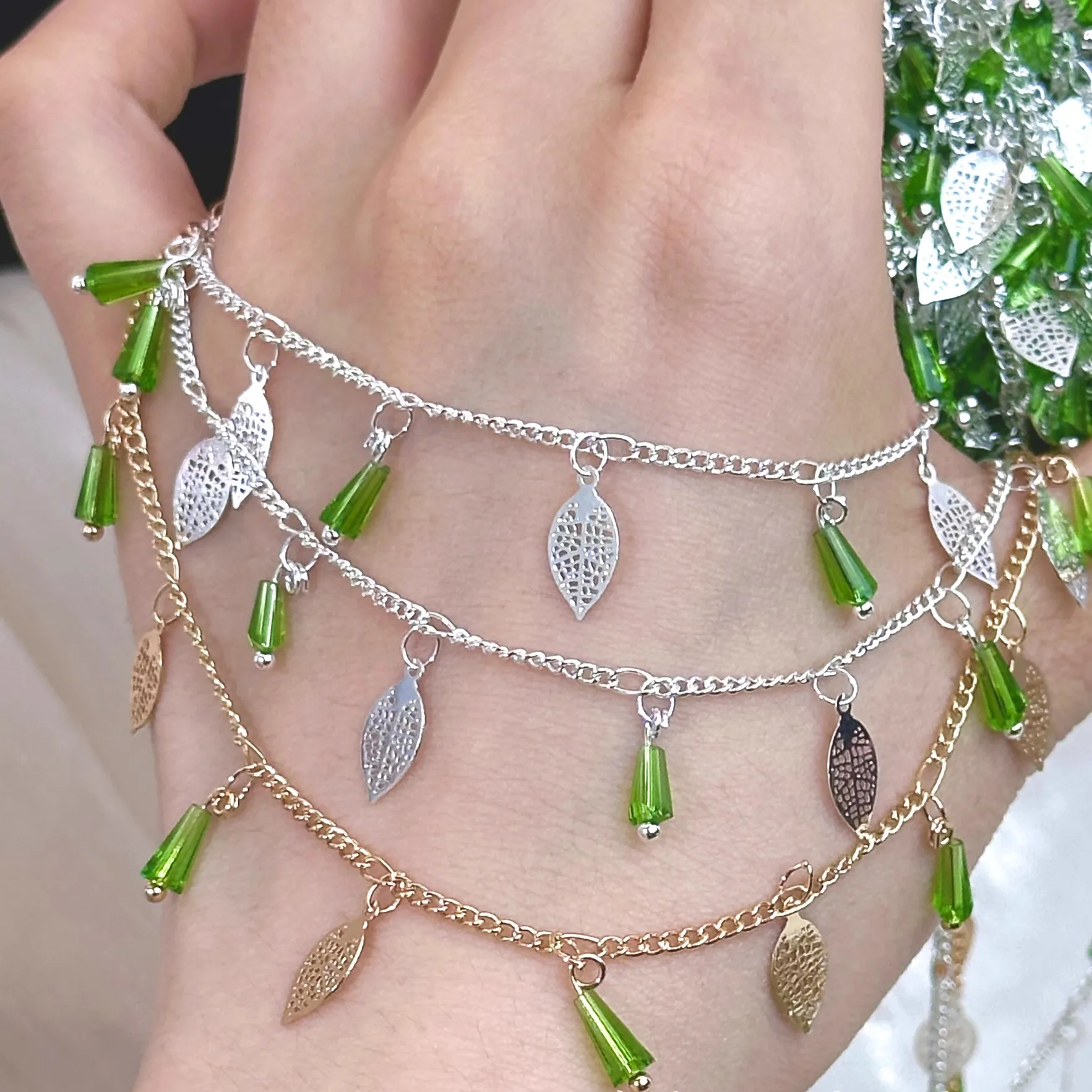 

0.5/1/2M Green Water Diamond And Hollow Leaf Chain For DIY Scarf Accessories Performance Clothing Materials Handmade Loose Chain