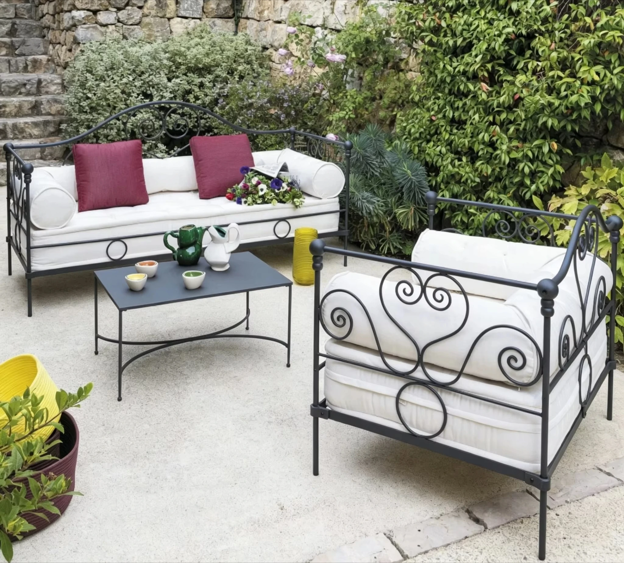& French Retro Wrought Iron Outdoor Sofa European Garden Patio Furniture Hotel Sunroom Balcony Leisure Seats