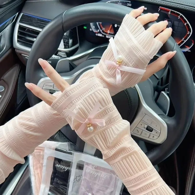Ice Silk Sun Protection Sleeves UV Protection Summer Outdoor Bike Driving Loose Pearl Bow Sleeved for Women Elastic Average Size