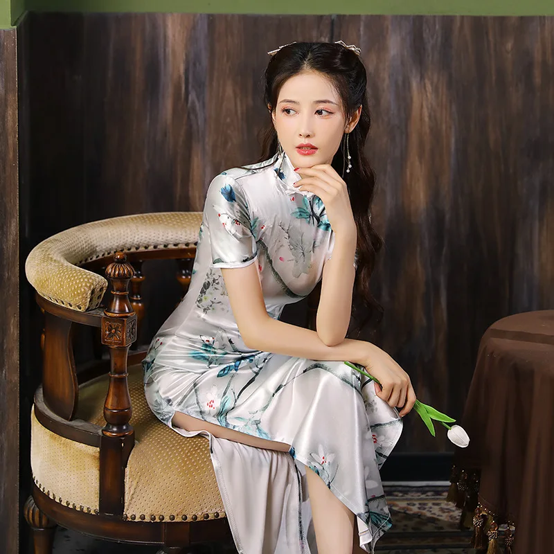 4 Colors Women Vintage Dress Cheongsam Elegant Long Dresses Floral Slim Traditional Spring Summer Dress M To 3XL Green