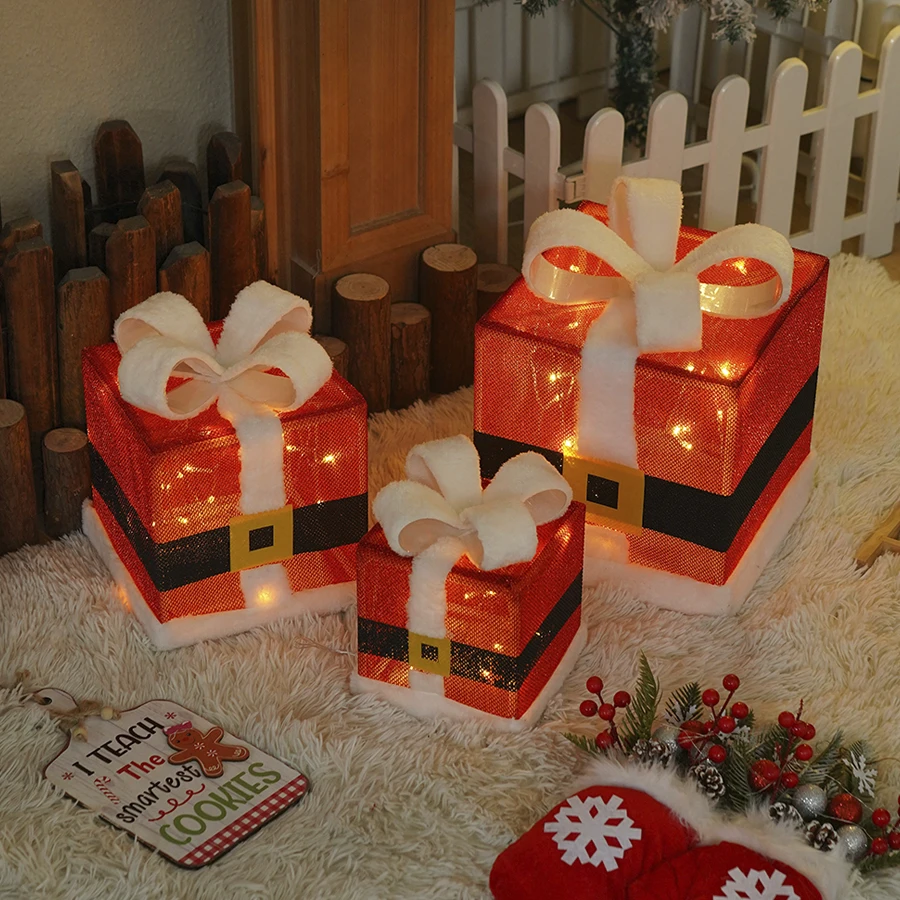 Cross border new Christmas gift box three piece set folding luminous light string holiday props gift box decoration light