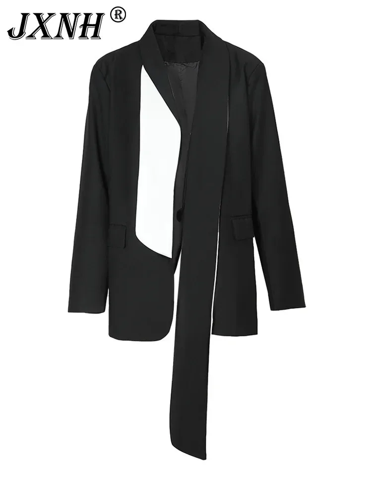 Black Ribbon Women Color-block Blazer Big Size New Lapel Long Sleeve Loose Fit Jacket Fashion Spring Autumn 2024