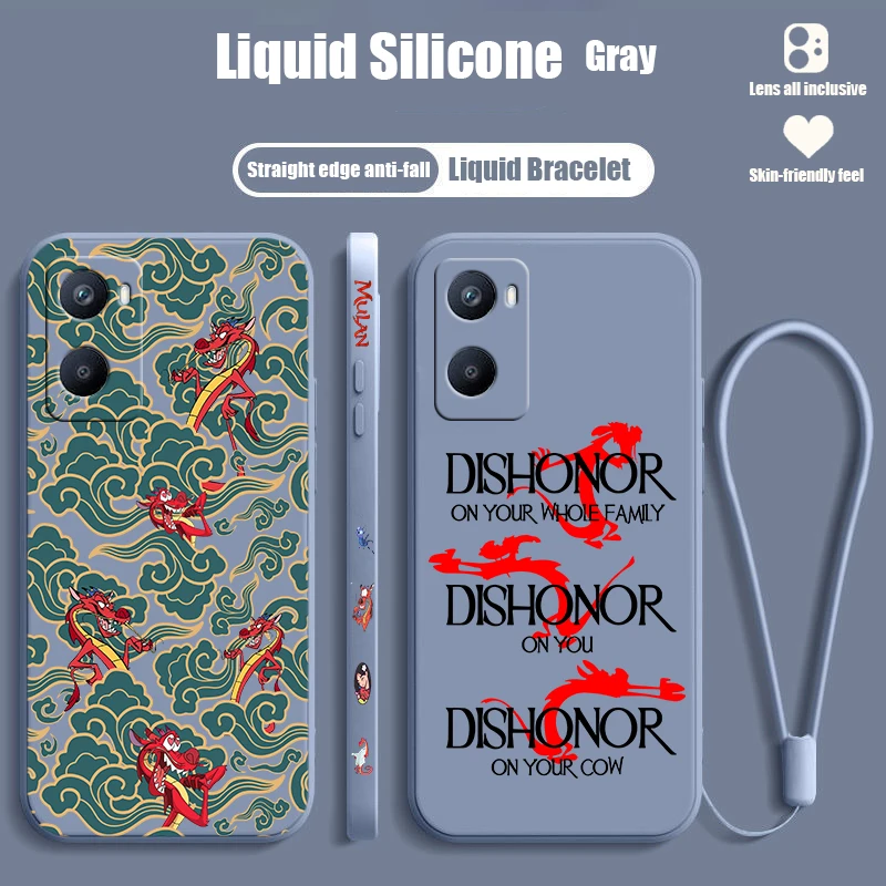 Disney Mulan Dragon For OPPO A98 A96 A94 A93 A77S A76 A74 A73 A72 A57E S A56S Liquid Left Rope Silicone Phone Case