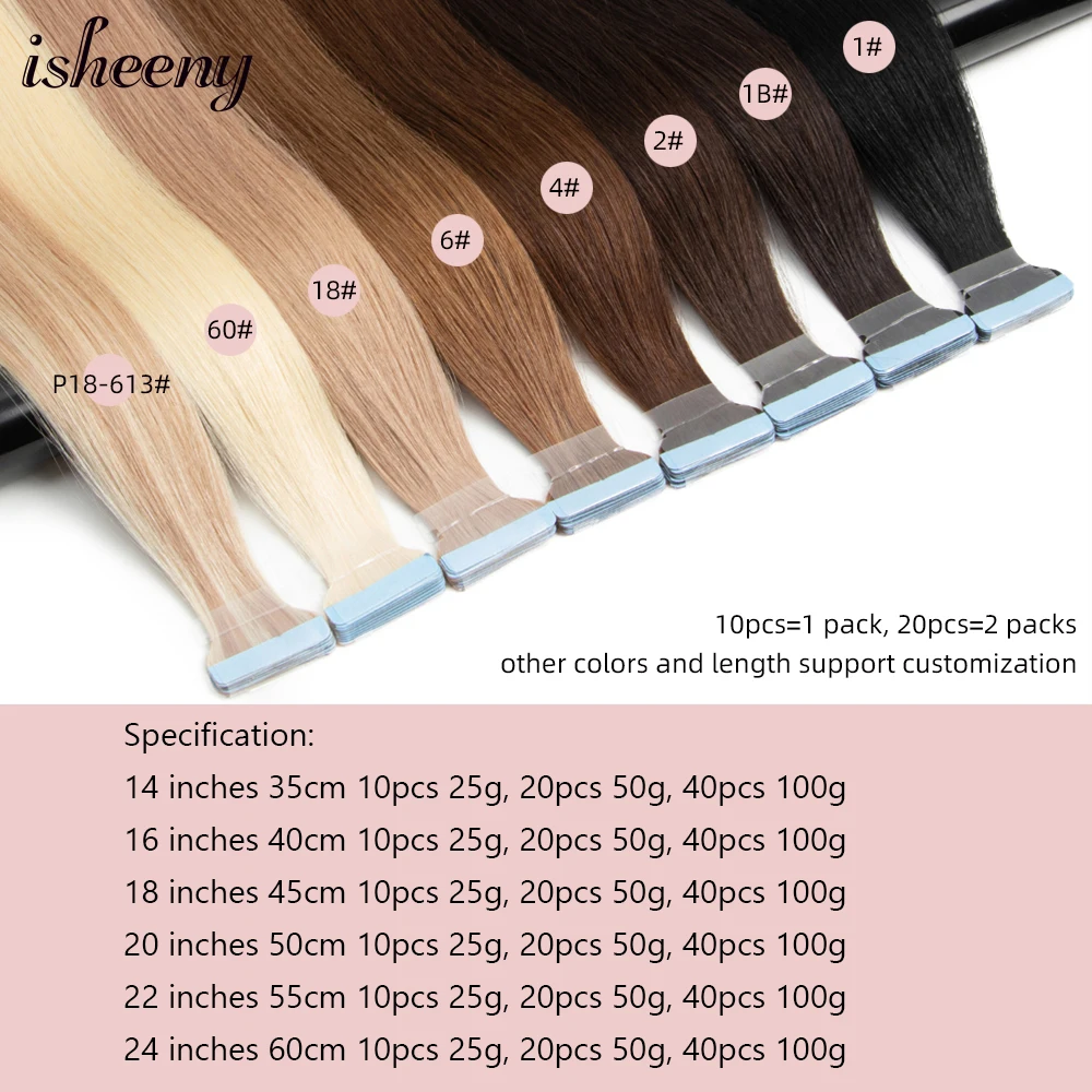 Isheeny-Extensions de Cheveux Humains, Couleur Blond, Noir, Brun, Européen, Extensions Capillaires Naturelles, Peau, Trame PU, 14-24 Pouces