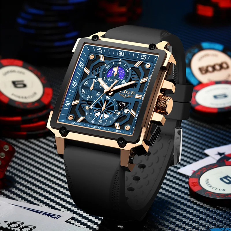 Nový LIGE pánská hodinky nejvyšší značka luxusní dutý čtverec sport hodinky pro muži móda silikon řemen vodotěsný křemen wristwatch+box