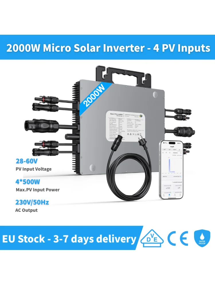 Mikrowechselrichter IP67 2000W für 230VAC 50Hz Netzwerk für Balkon-Solarsystem mit 4 PV-MPPT-Eingängen, Plug & Play und integriertem WLAN.