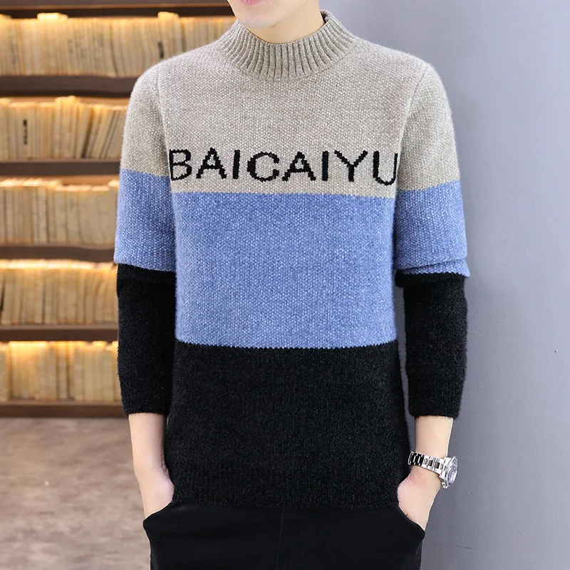 Round Collar Long Sleeve New Arrival Fashion Men's Sweater Letter Alphabet Patterned Mixed Color Slim Fit Korean Style Pullover