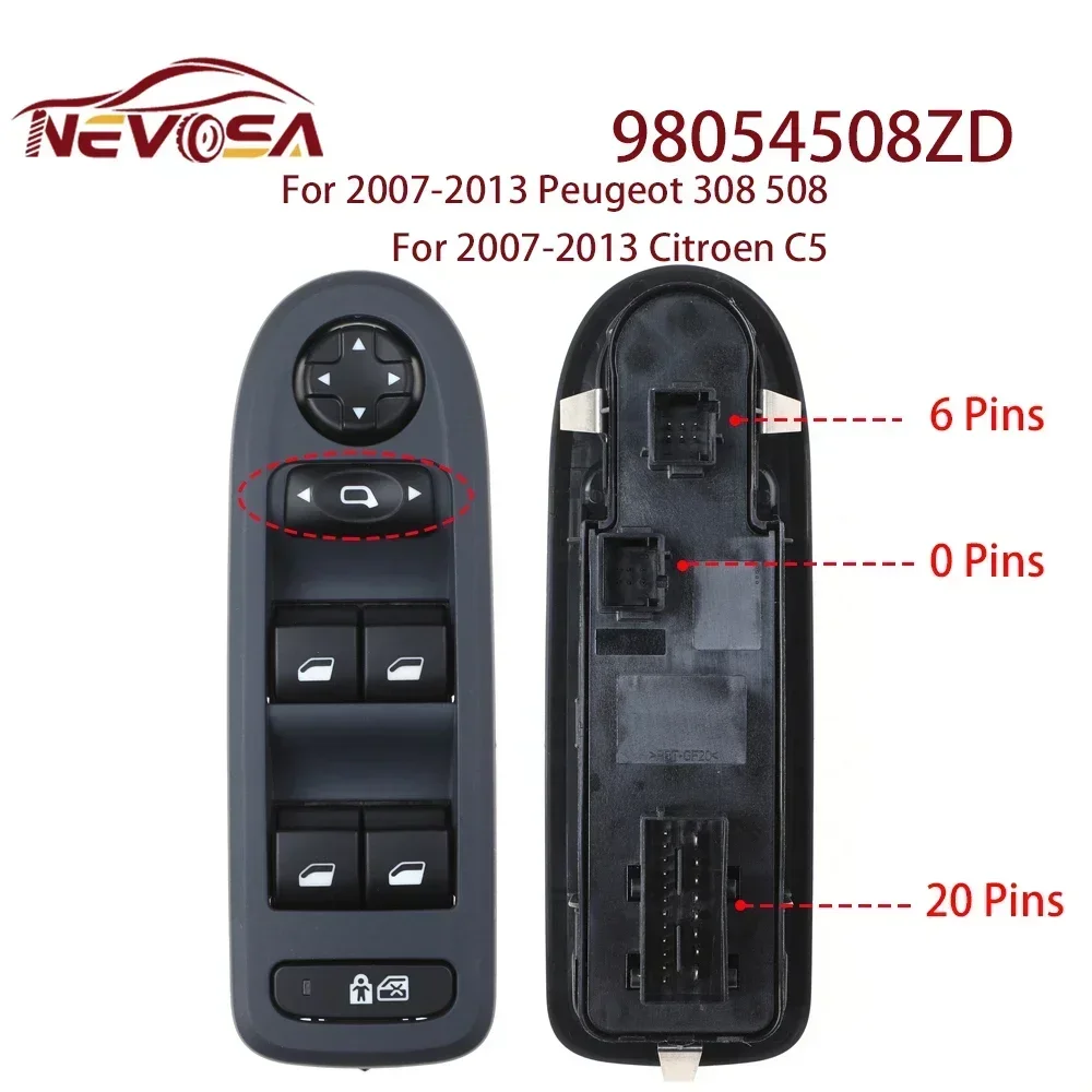 NEVOSA Per il periodo 2007-2013 Peugeot 308 508 208 Peugeot 2008 Citroen C5 Interruttore di comando finestra 98054508 ZD 96659465 ZD 98053439 96749624 ZD