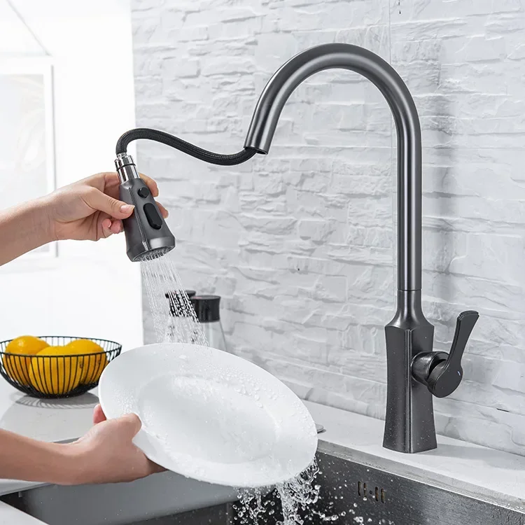 304 Stainless Steel Gun Gray Copper 4 Way Cheap Scalable Pull-out Kitchen Faucets with Pull Down Sprayer Single Handle Tap