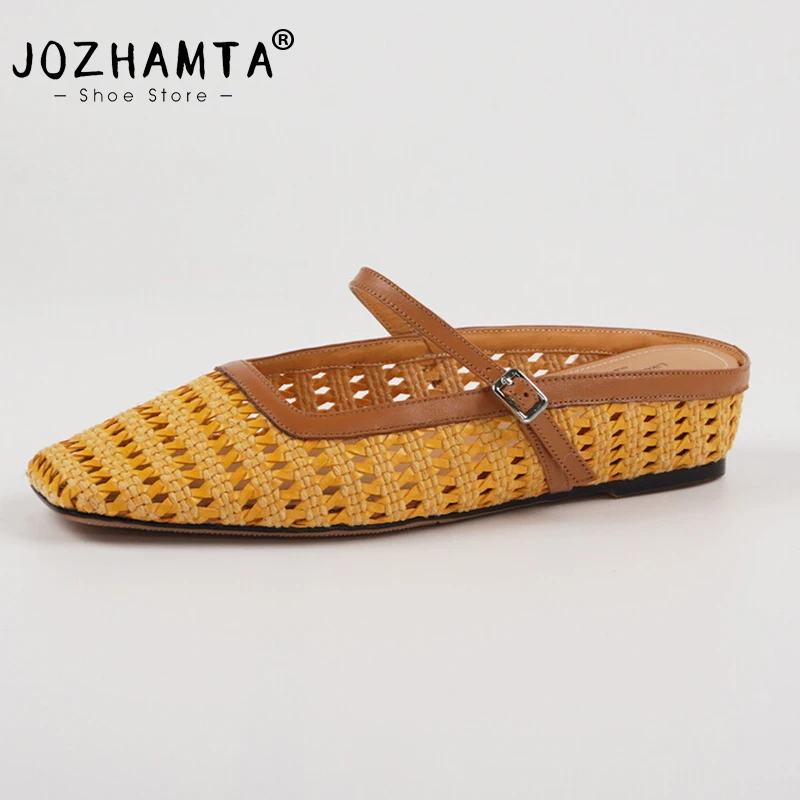 JOZHAMTA Size 34-40 Women Mules Sandals Woven Real Leather Mid Heels Summer Shoes 2025 Ins Slides Casual Beach Travel Slippers