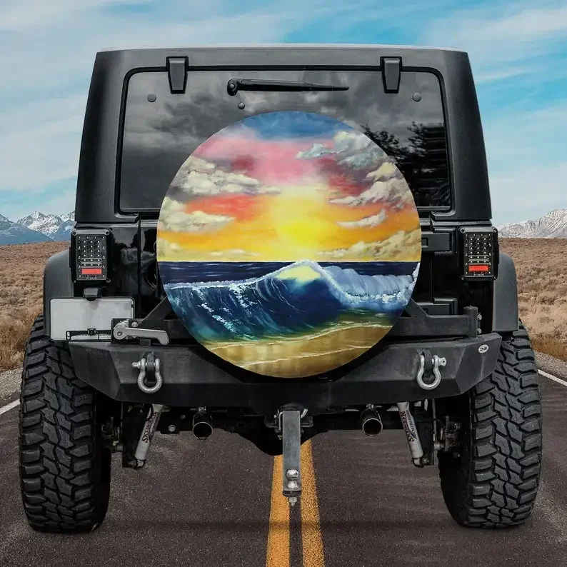 Camper Spare Tire Cover, Sunset Seascape Spare Tire Cover With Or Without Backup Camera Hole, Wrangler Tire Cover