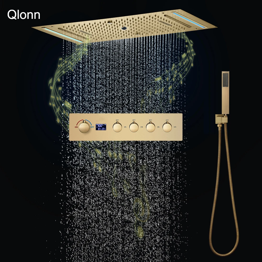 

Qlonn 638*338mm Large Hot Cold Shower System Set Emotional Appeal Couple Brushed Gold Shower Head Smart Bathroom Faucet Diverter