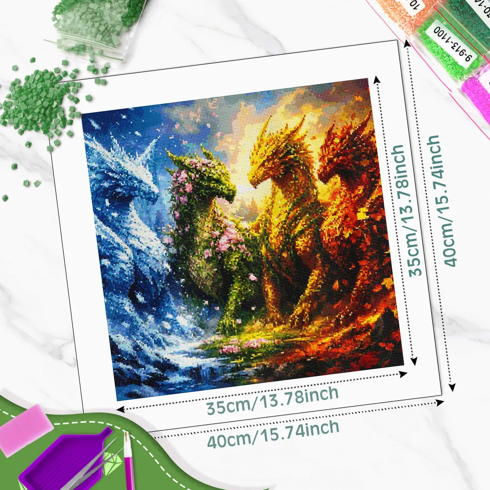 Huacan Full Square Round Diamond Painting Four Seasons Divine Dragon Diamond Mosaic Animal Landscape Complete Kit Gift