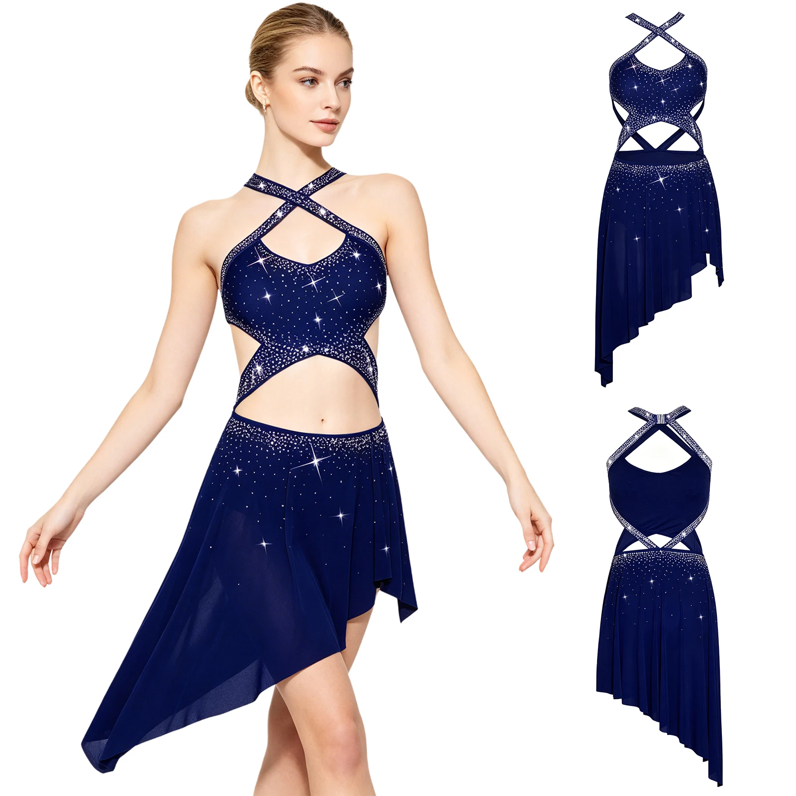 

Women Modern Lyrical Dance Figure Skating Gymnastic Cutout Dress Cross Strap Sleeveless Rhinestone Irregular Mesh Bodysuit Dress