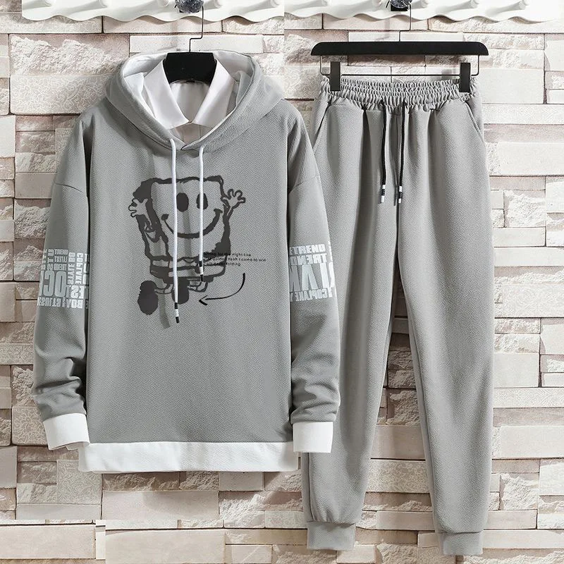 Autumn hooded long sleeved new men\'s casual pants two-piece set cartoon breathable loose sports suit