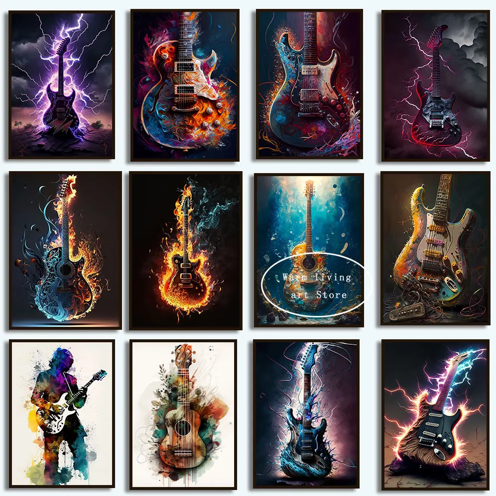 Neon Burning Electric Guitar Canvas Painting Aesthetics Modern Musical Instruments Poster Art Bedroom Picture Home Wall Decor