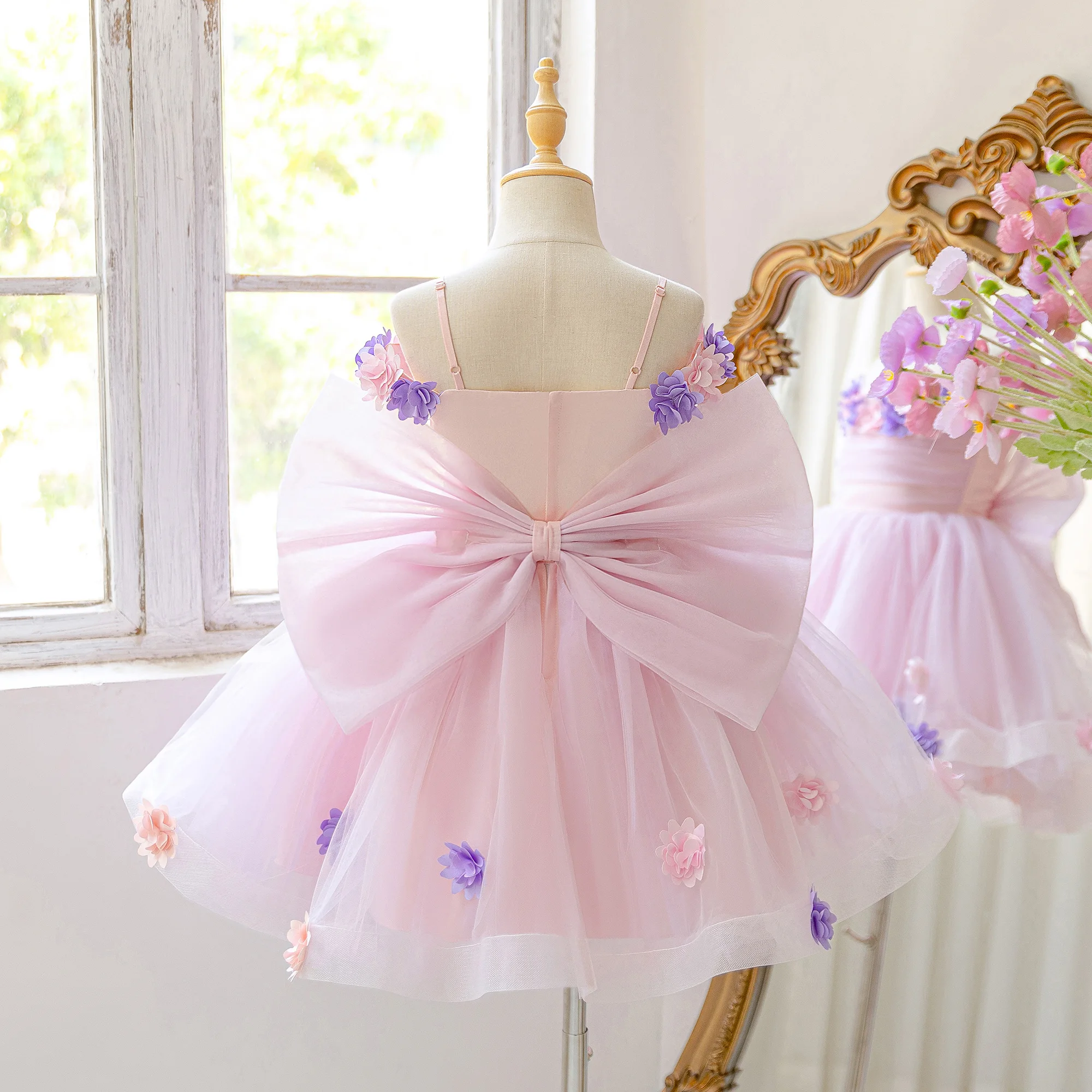 Elegant Flower Party Girls Dress Bow Wedding Bridesmaid Birthday Baptism Princess Evening Dresses Girl First Communion Prom Gown