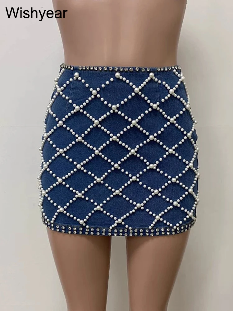 Sexy Night Club Hot Girls Pearl Beading Bodycon Mini Denim Skirts Women Fashion Party Jean Short Pencil Skirt Birthday Outfits