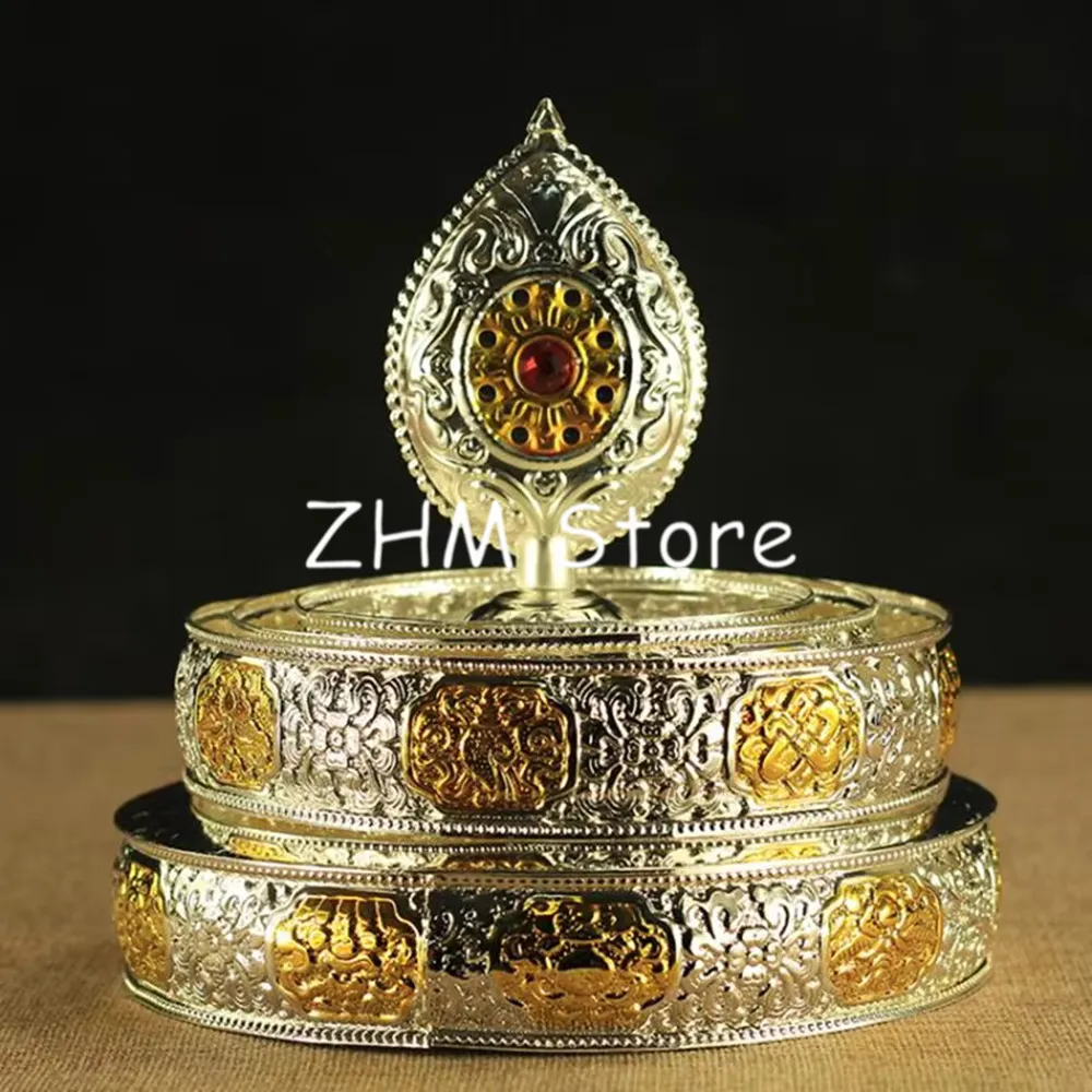18cm Gold/Silver Big Size Auspicious Symbol Manza Carving Alloy Metal Buddhist Home/Office Putting Decorate Dish/Plate/Tray Base