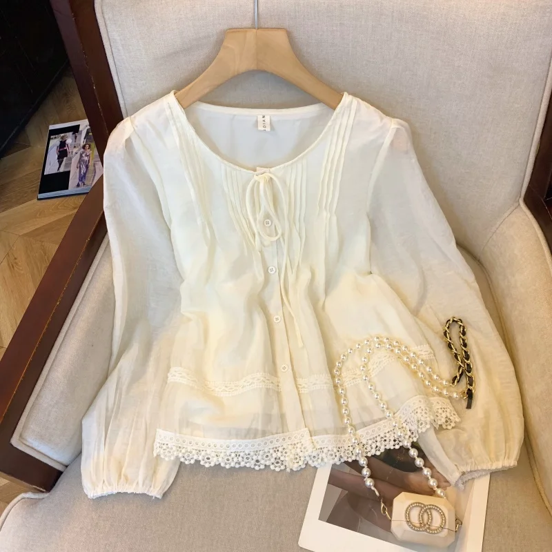 

Women's Apricot Embroidered Hollow Lace-Up Round Neck Shirt Elegant And Fashionable French Harajuku Loose Autumn Top 2000s Shirt