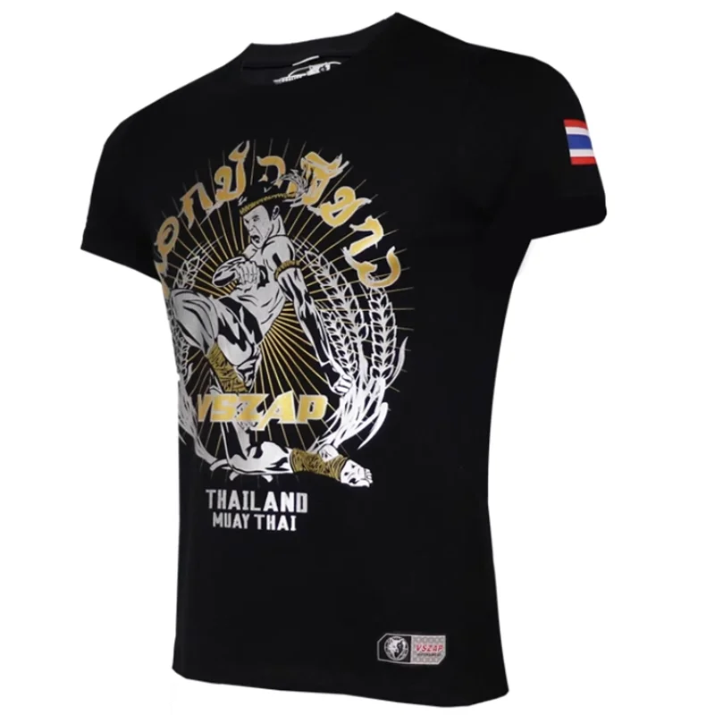 Vzap-short-sleeve T-shirt for men, white lotus, sports, boxing, MMA, fighting, fitness, training, fitness, gold and silver