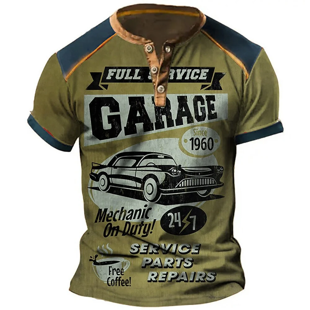 Lustige 3D-Auto-Print Henley-Shirts Modische Lockere Herren-Knopfoberteile Lässige Atmungsaktive Kurzarm-T-Shirts Sommer Herren Vintage-Kleidung