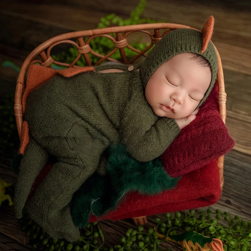 Fotografia Roupas para Bebê Recém-Nascido, Dinossauro Fotografia, Mão Malha Macacão e Chapéu, Estúdio Tiro Outfit, 2PCs por Conjunto, Foto, 0-1 Mês