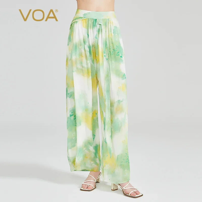 VOA Lime Green Double Layer Georgette Silk Elastic Waist Trousers Lightweight Elegant Reduced Age Sweet Printed Silk Pants KE985
