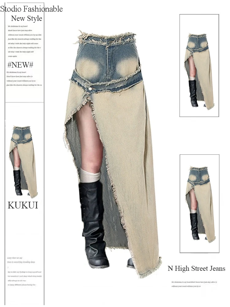 Women Denim Long Skirt Harajuku Y2k 2000s Vintage Skirts 90s Aesthetic Streetwear Fashion Korean Style A-Line Jean Skirt Clothes