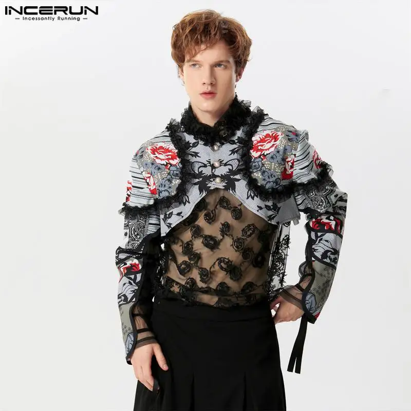 2024 Men Irregular Shirt Lace Printing Patchwork Lapel Long Sleeve Fashion Crop Tops Men Streetwear Casual Camisas S-5XL INCERUN