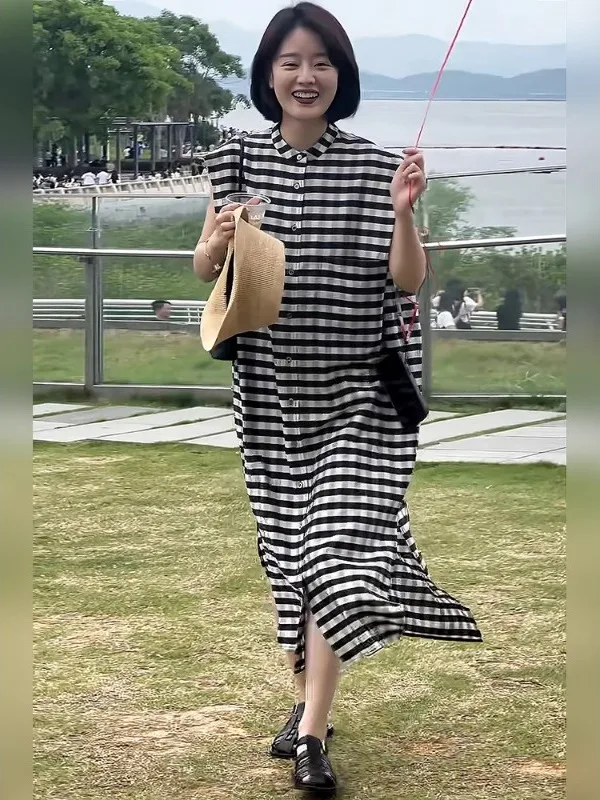 Ele Vintage Plaid été Svel fendu longue Dr vêtements pour femmes trajet Sle taille ample a-ligne jupe Dr