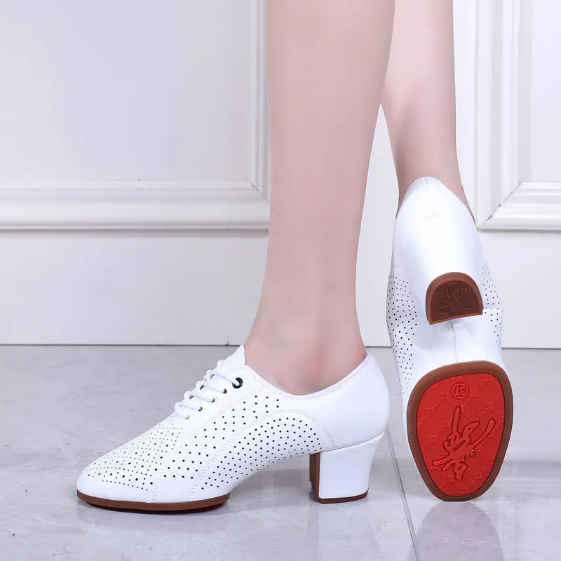 New Latin Dance Shoes Women Hollow Out Leather Women Shoes Ballroom Dance Shoes Closed Toe White Rubber Soles