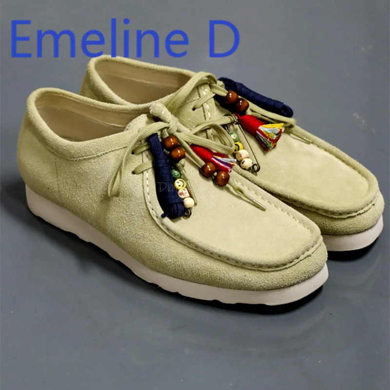 

Casual Flat Shoes Retro Fur Cow Suede Fashionable Lace Up Design Solid Color Square Toe Thick Sole for Both Men and Women