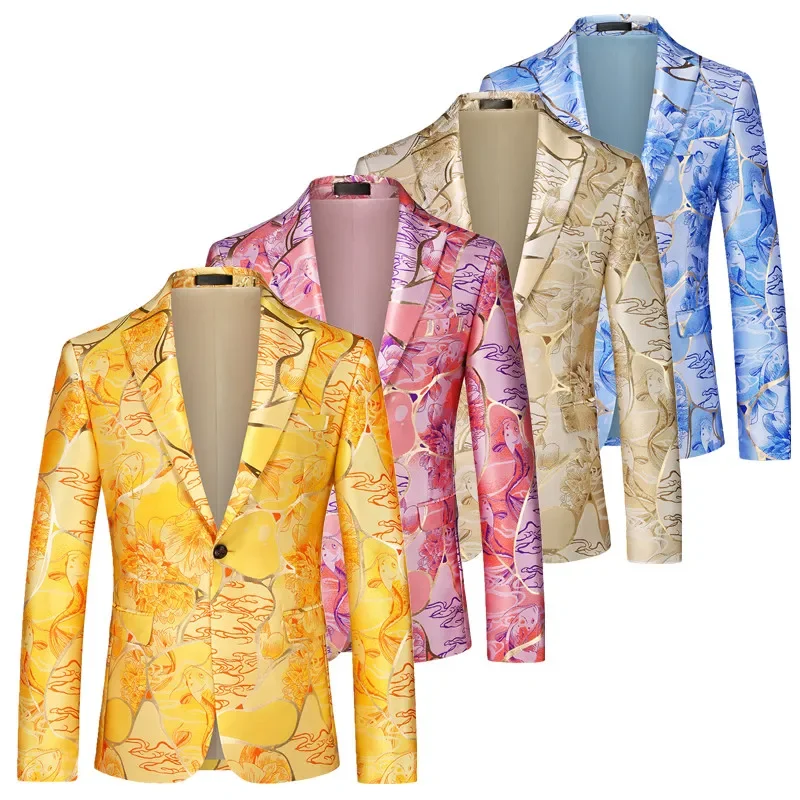 

Brand Men Luxurious Jacquard Suit One Button Jacket Golden / Blue / Pink Fashion Male Wedding Dance Party Dress Blazers Coats
