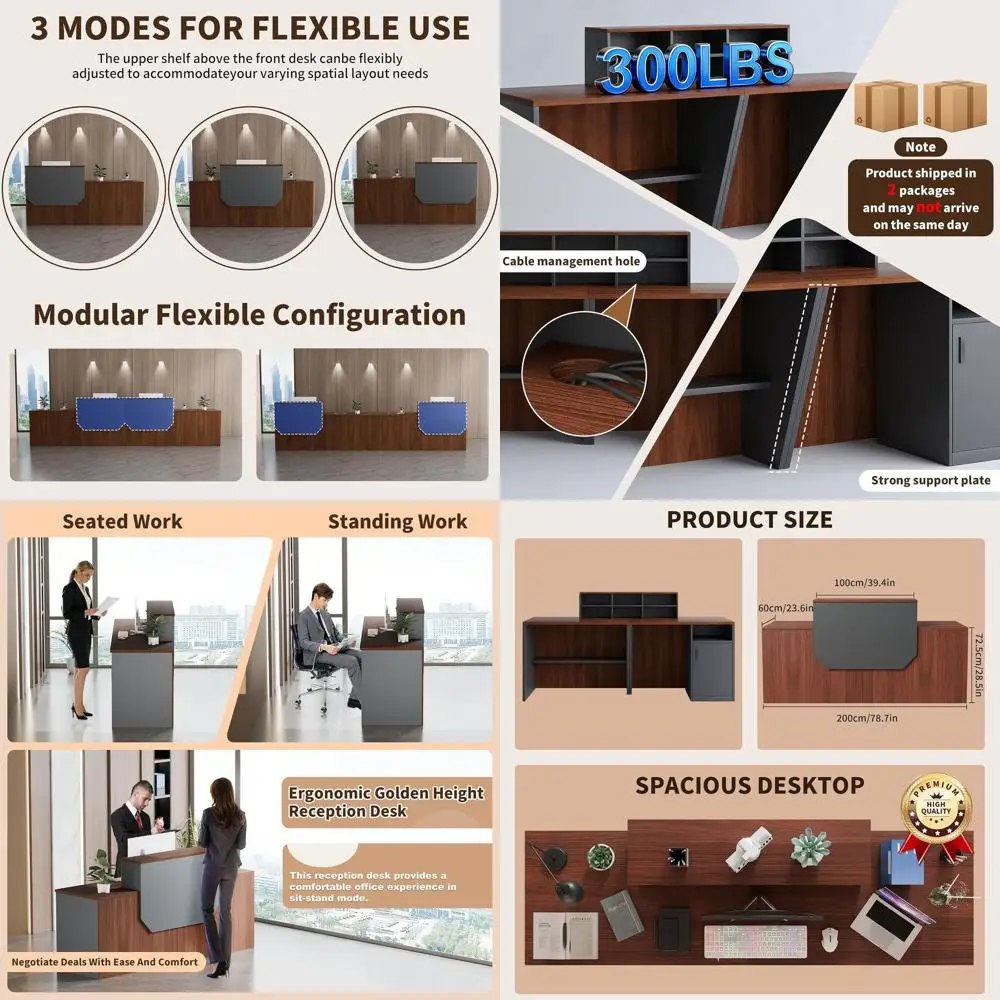 

Стойка-ресепшн из орехового дерева 78,7 дюйма с открытыми полками для хранения для офиса, прихожей и домашнего использования