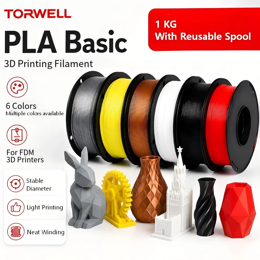 Torwell PLA Basic Plastic 1KG Filaments with Reusable Spool for Bambulab Creality A1 K2 3D Printers Multi Colors