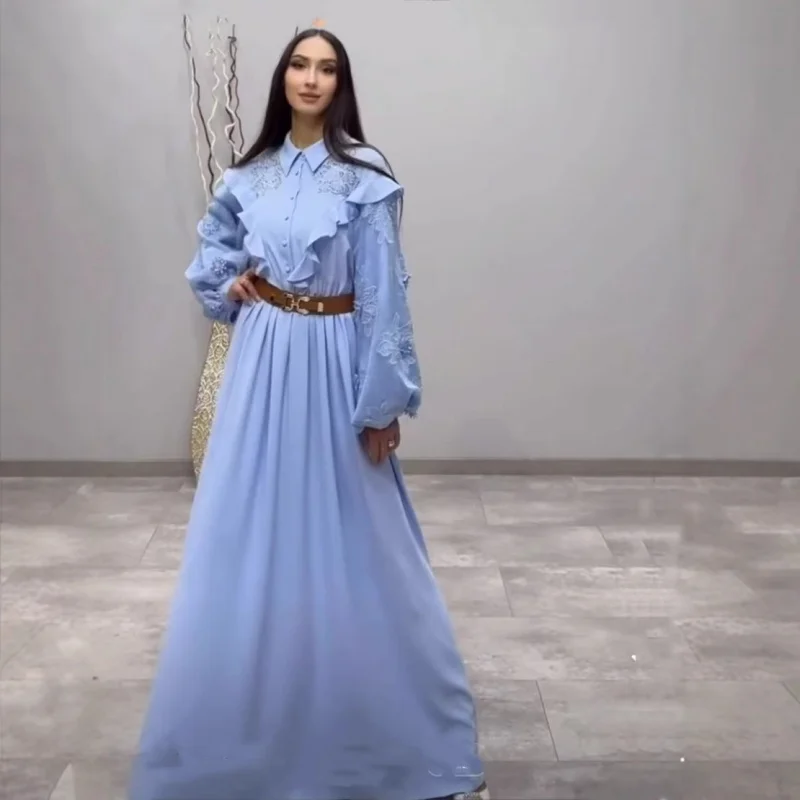 

Australian Lady 2025 Spring/Summer Socialite Style Lapel Sleeve Flower Embroidered Ruffled Blue Dress Dress
